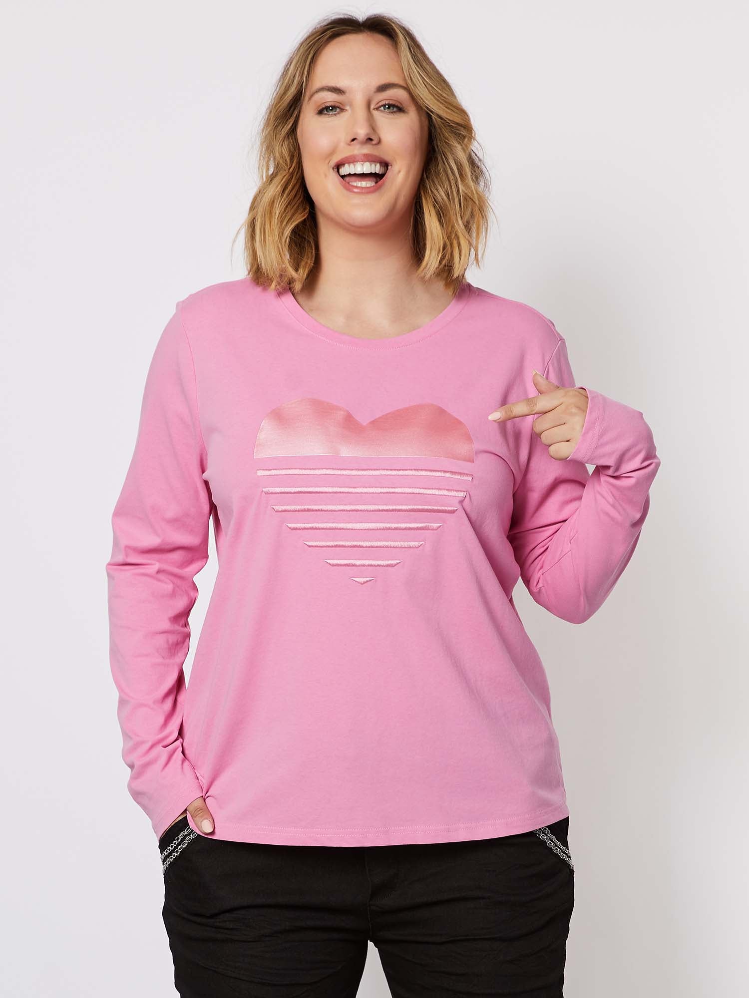 Heart Print Cotton Long Sleeve Top - Pink
