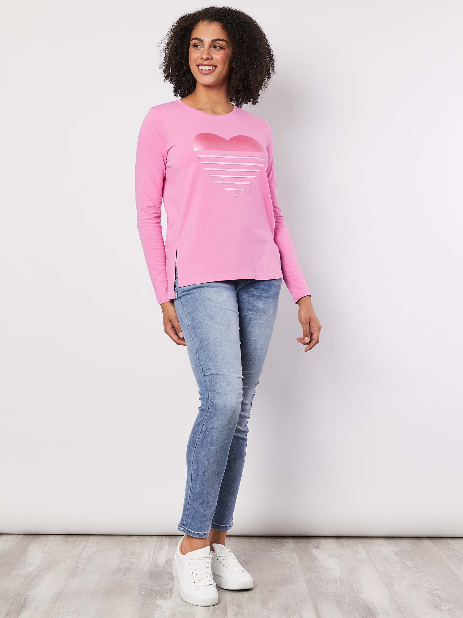 Heart Print Cotton Long Sleeve Top - Pink
