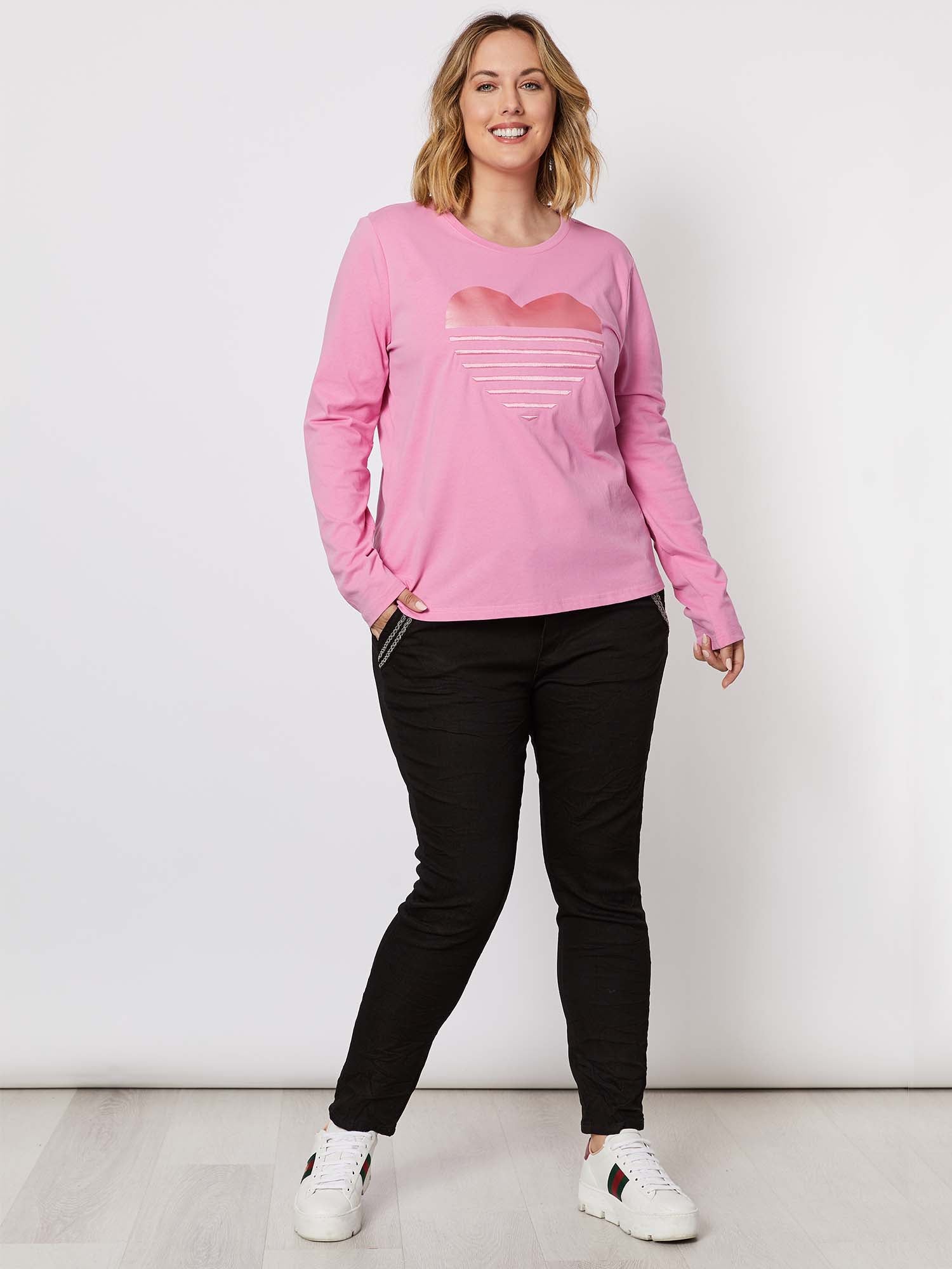 Heart Print Cotton Long Sleeve Top - Pink