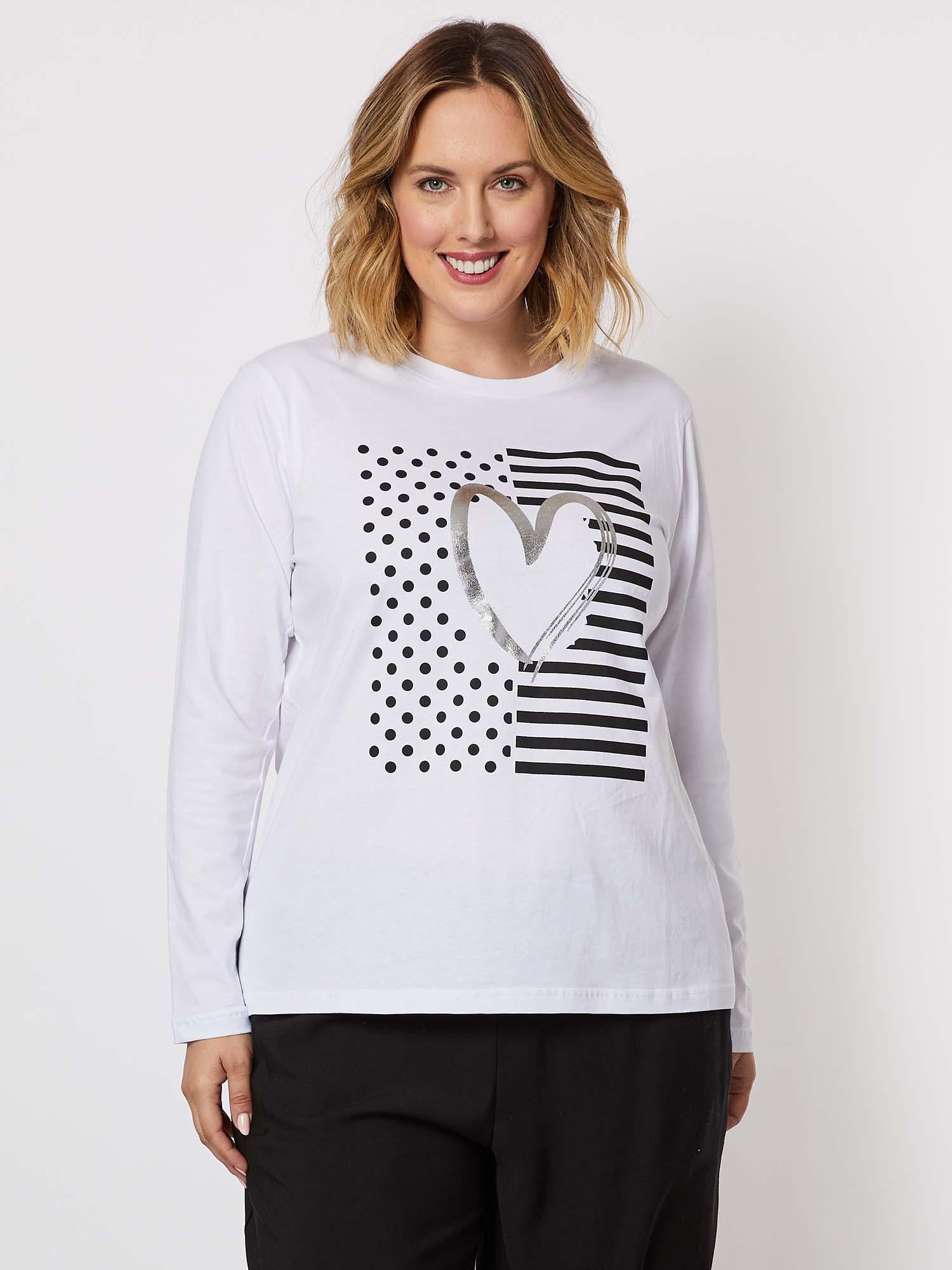 Heart Print Long Sleeve Cotton Top - White