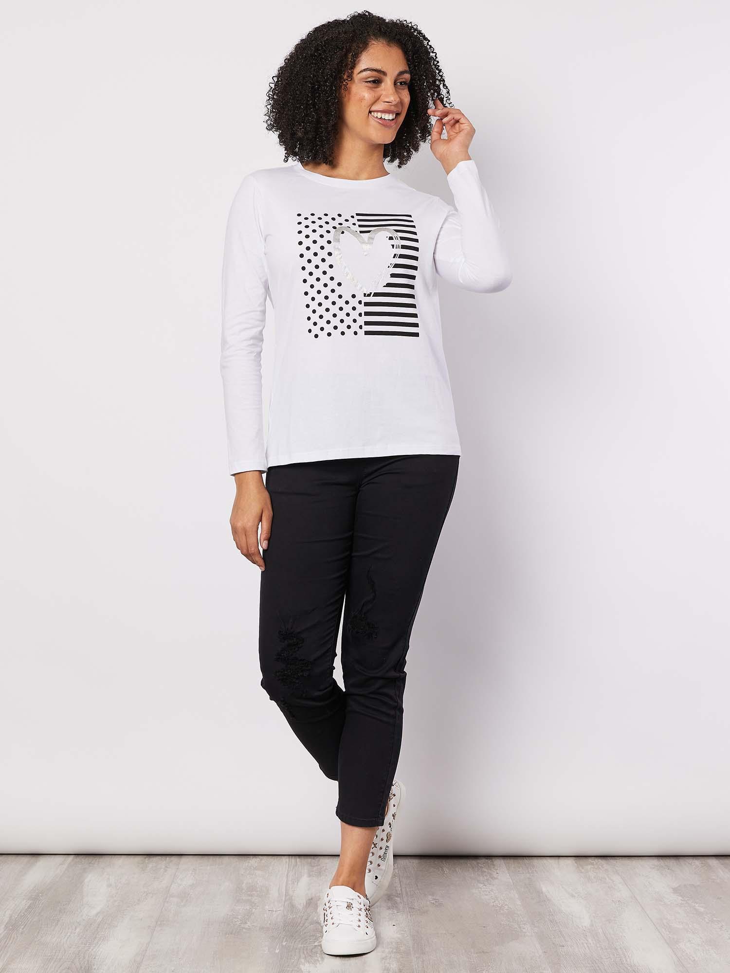 Heart Print Long Sleeve Cotton Top - White