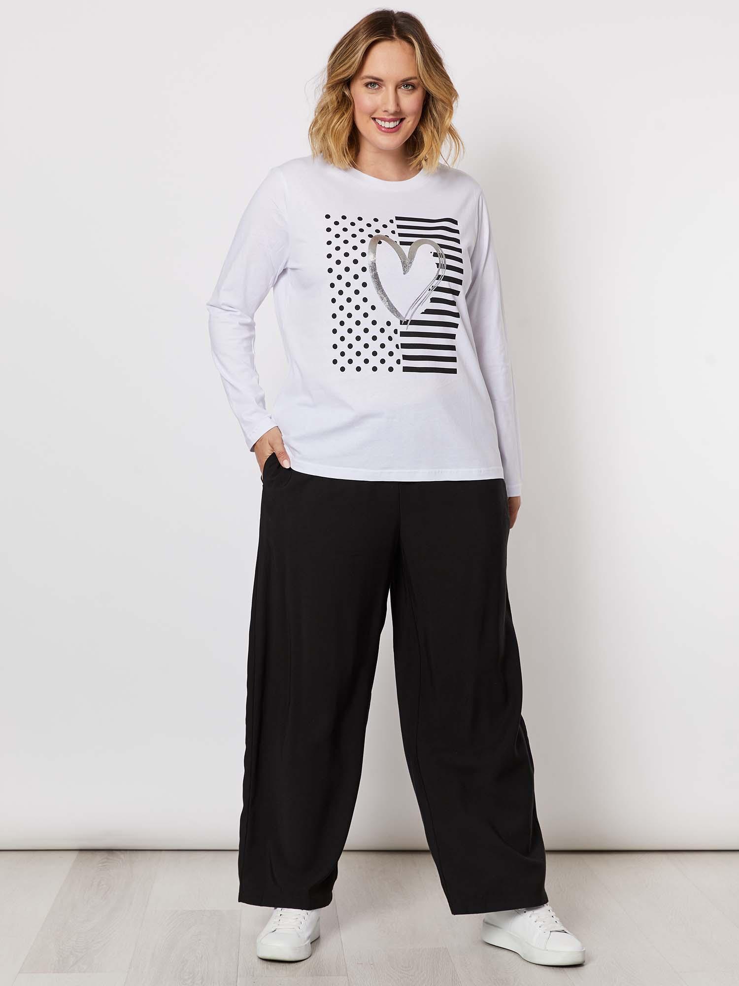Heart Print Long Sleeve Cotton Top - White