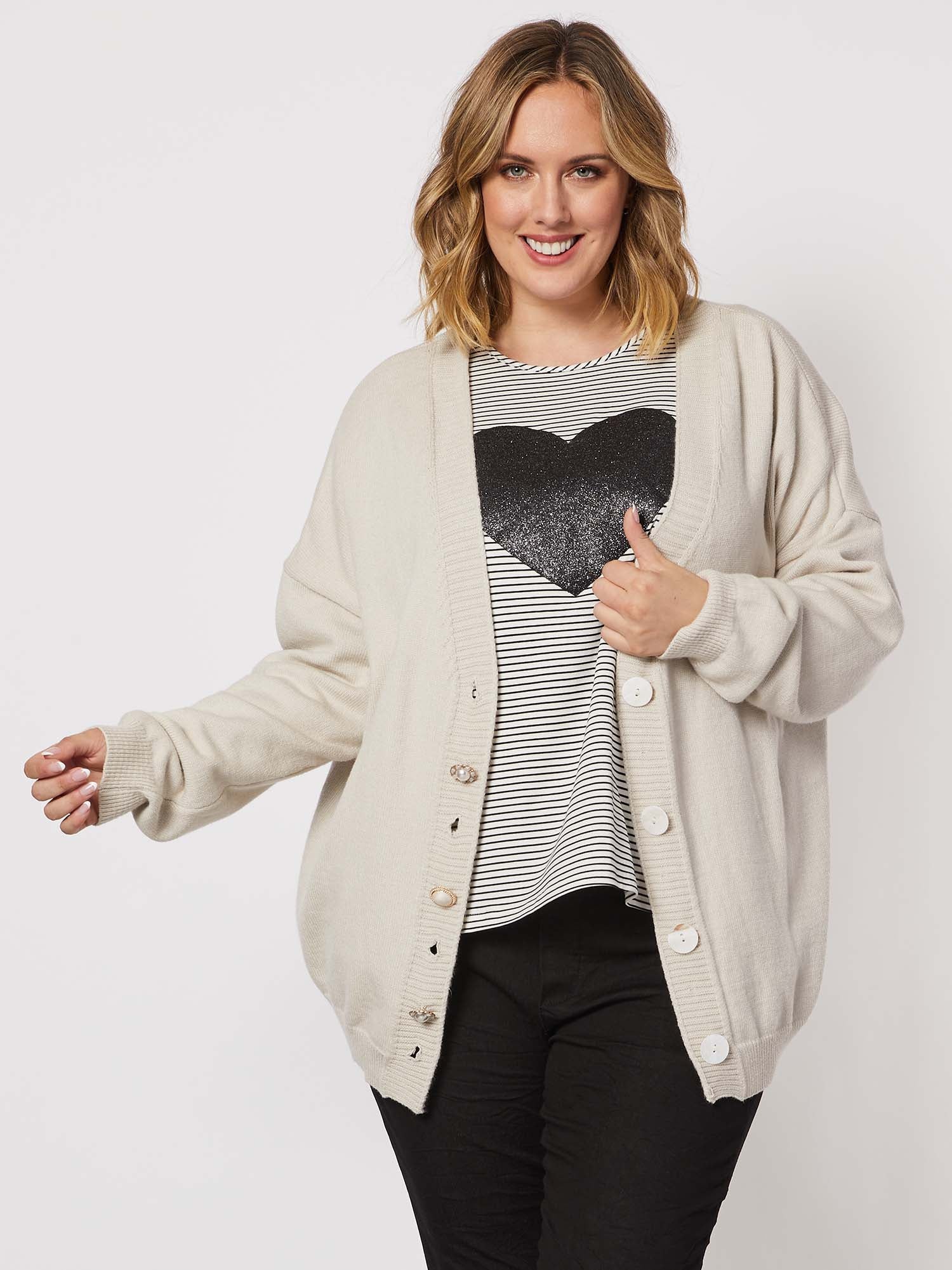 V Neck Button Cardigan - Stone