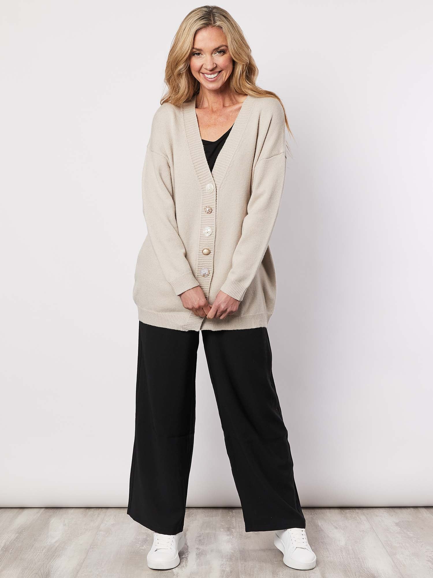 V Neck Button Cardigan - Stone