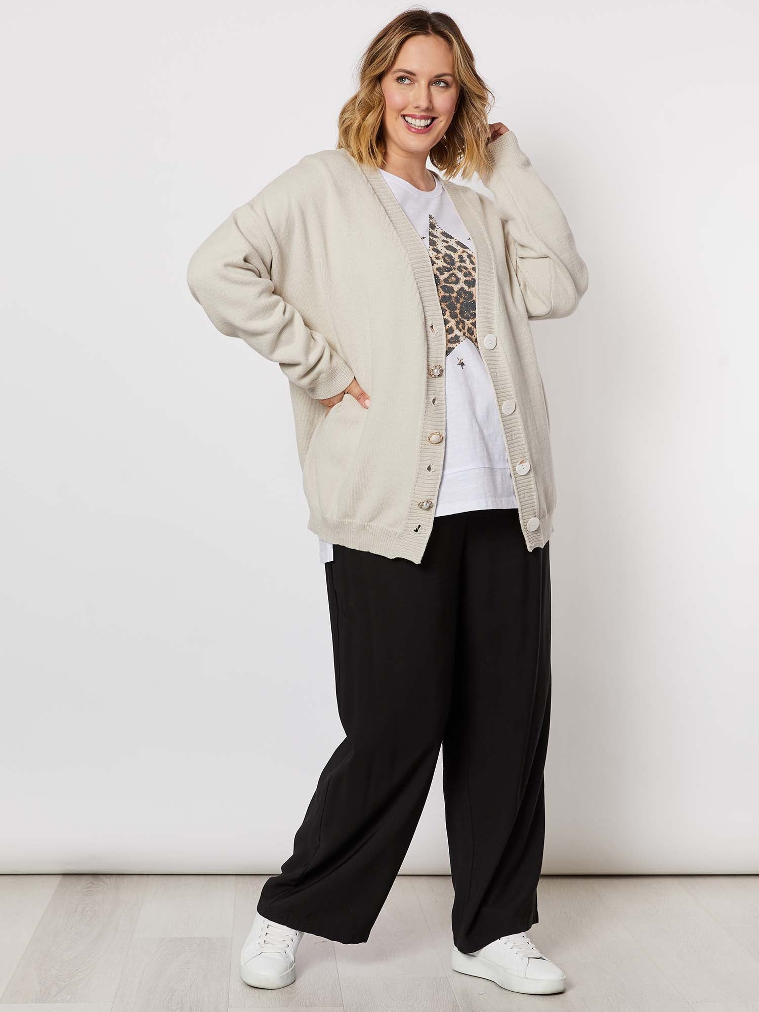 V Neck Button Cardigan - Stone