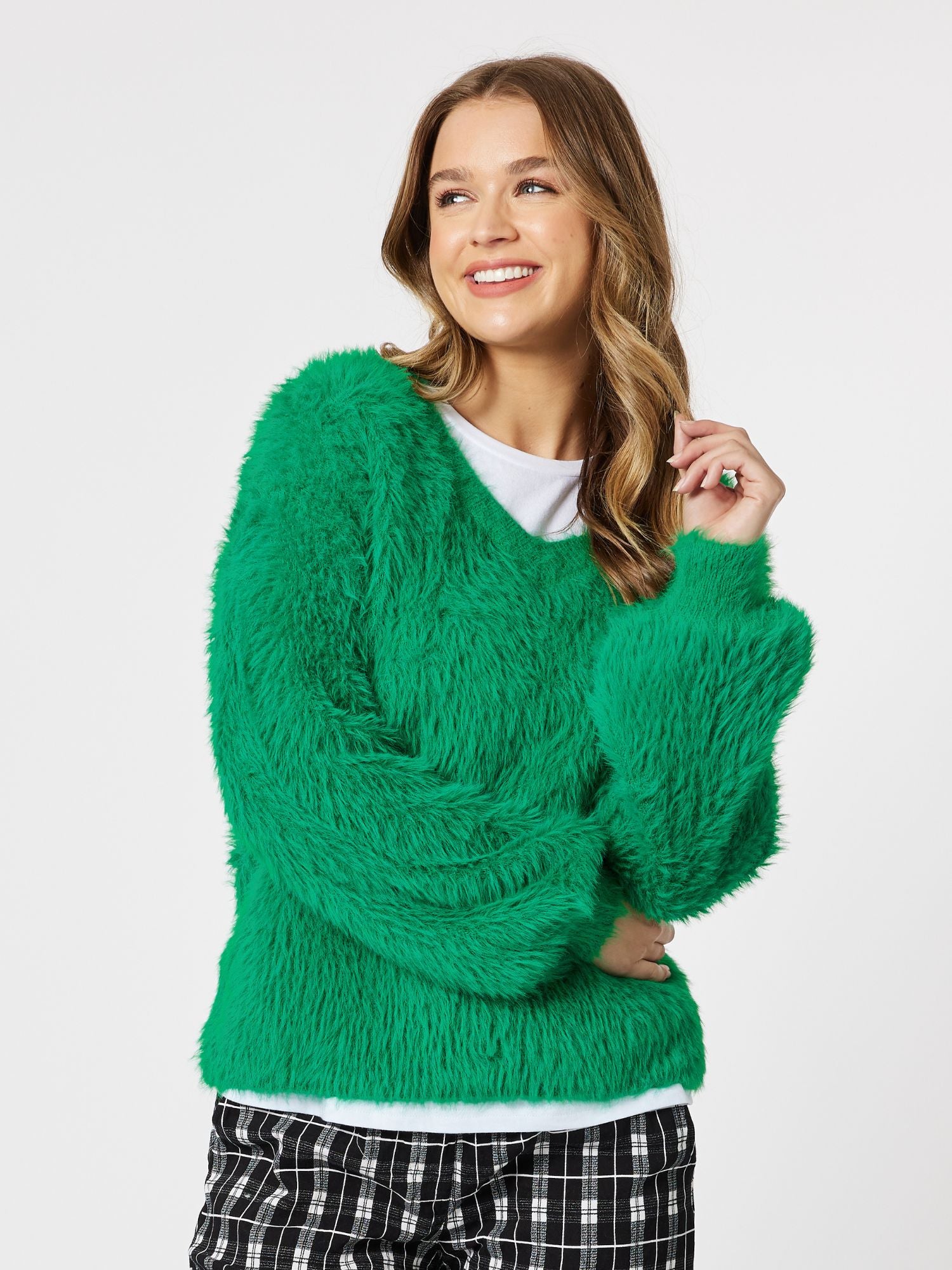 Fluffy V neck Knit Top Jumper - Green