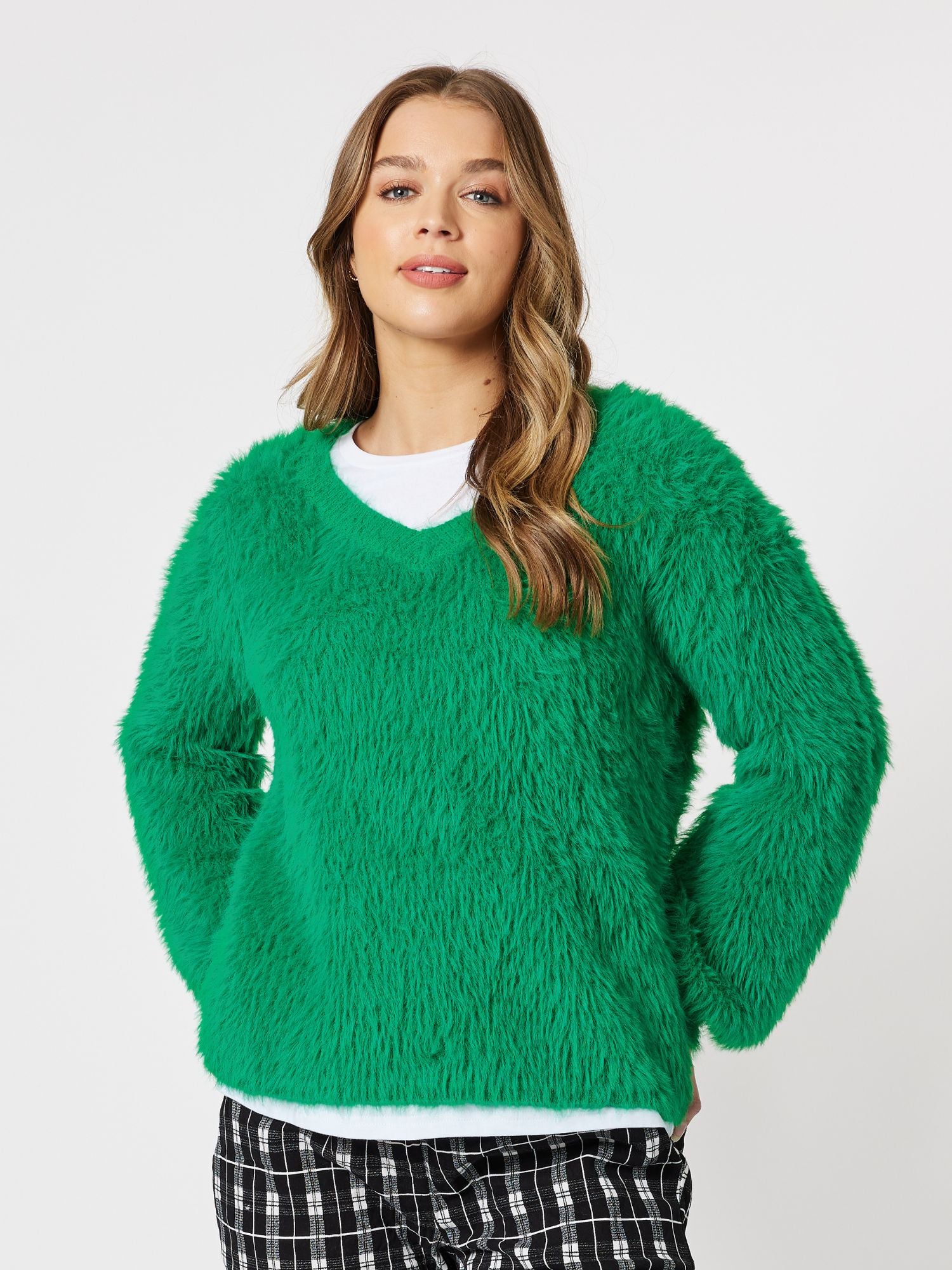 Fluffy V neck Knit Top Jumper - Green