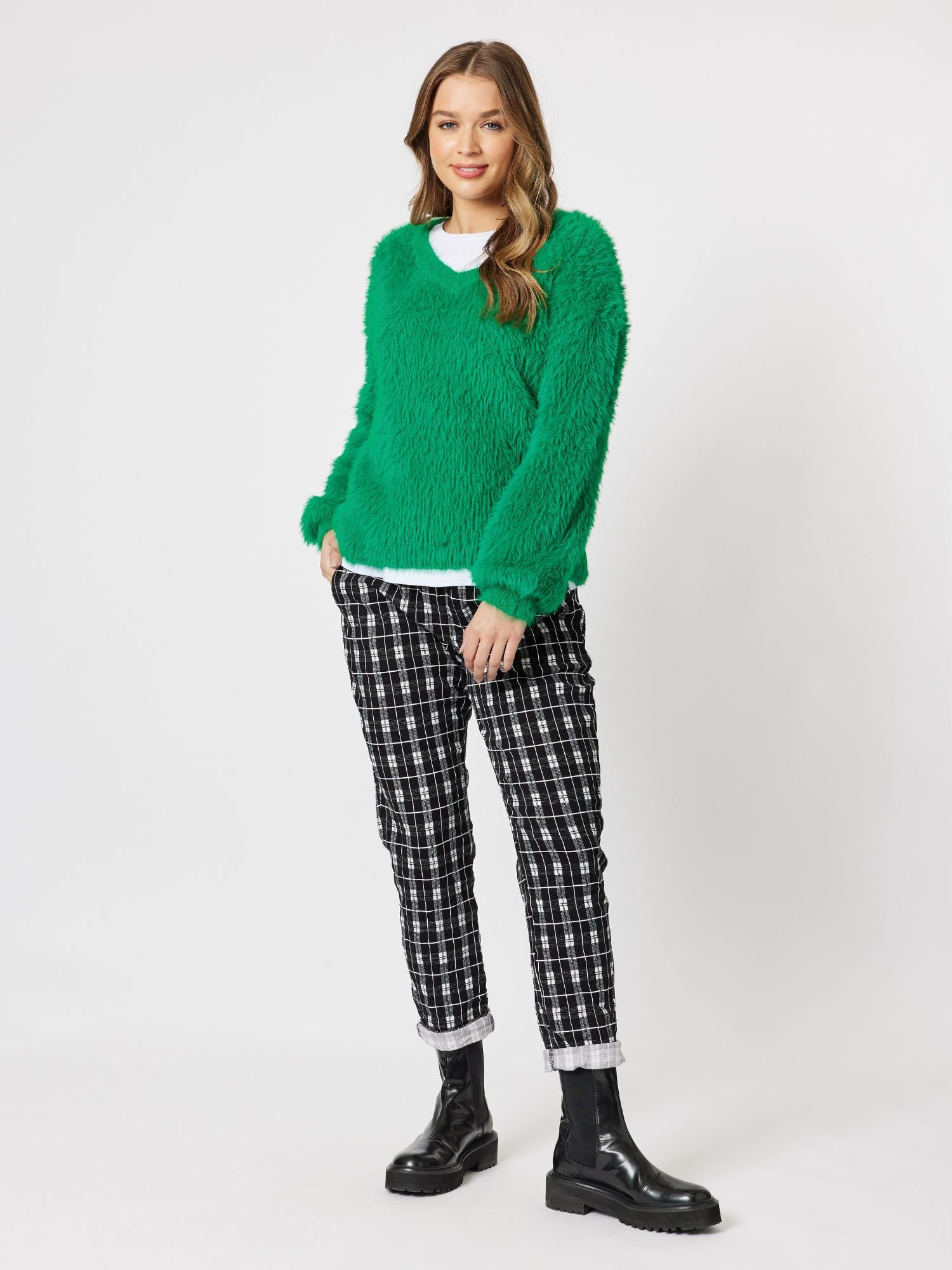 Fluffy V neck Knit Top Jumper - Green