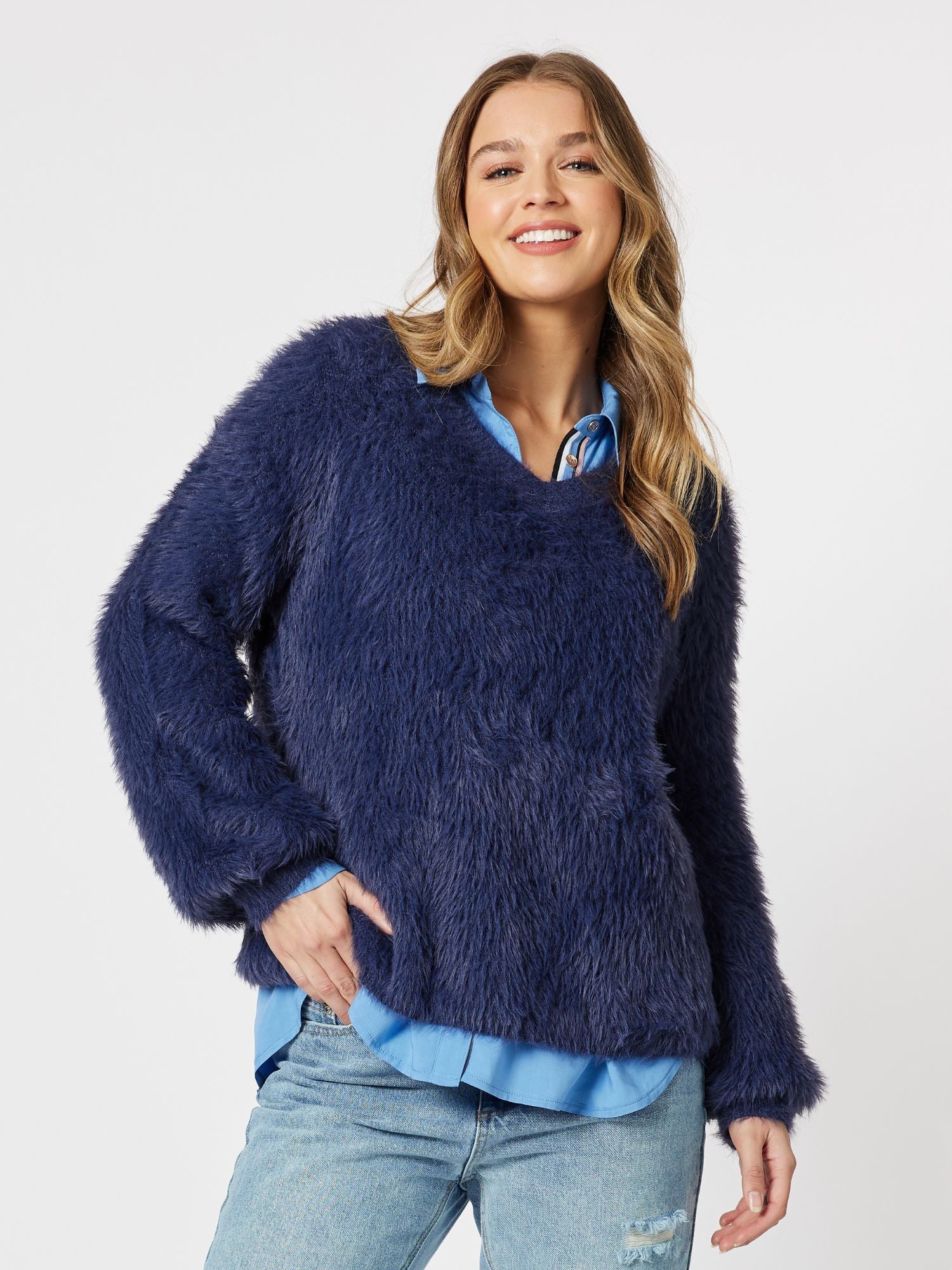 Fluffy V neck Knit Top Jumper - Navy
