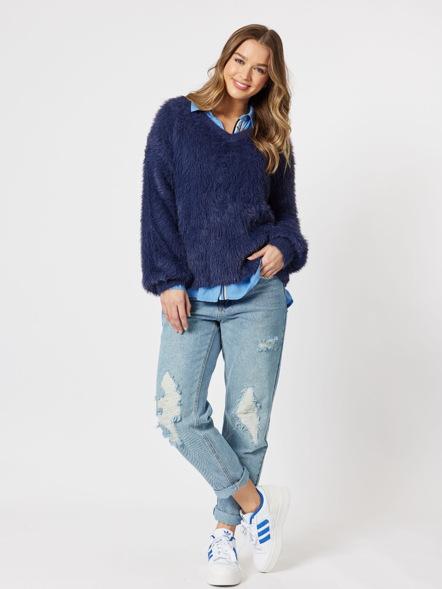 Fluffy V neck Knit Top Jumper - Navy