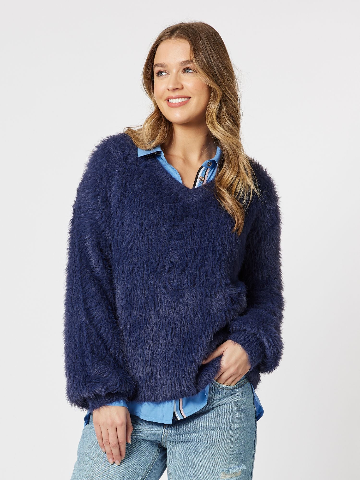 Fluffy V neck Knit Top Jumper - Navy