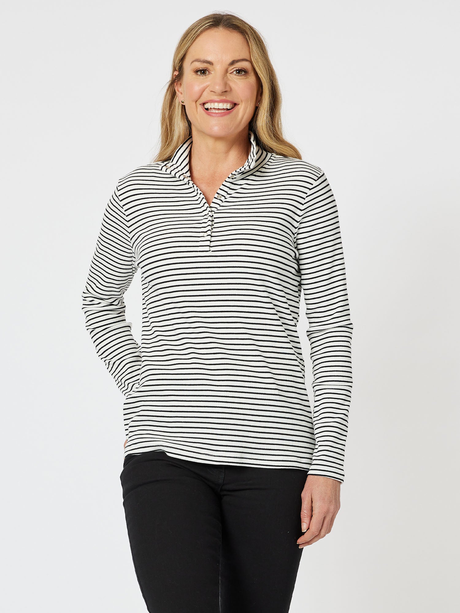 Stud Collar Rib Long Sleeve Top - Black