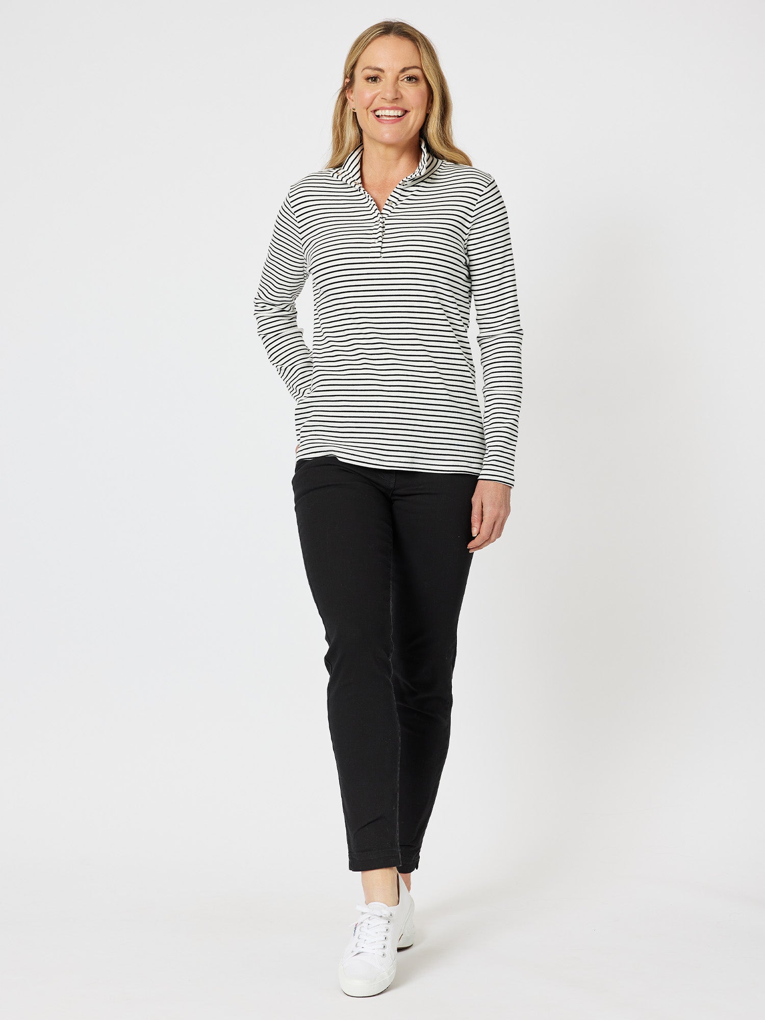 Stud Collar Rib Long Sleeve Top - Black