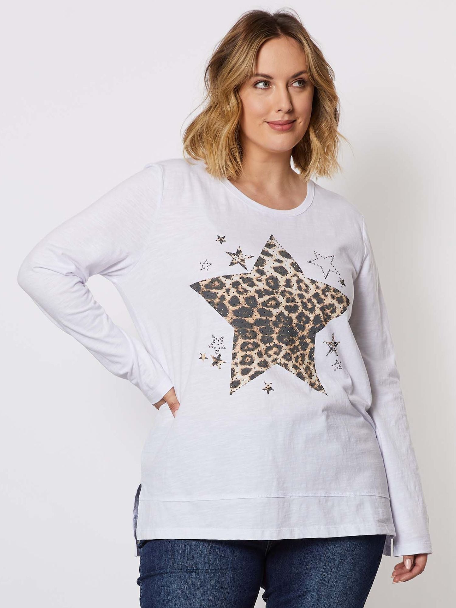 Animal Star Print Long Sleeve Cotton Top - White