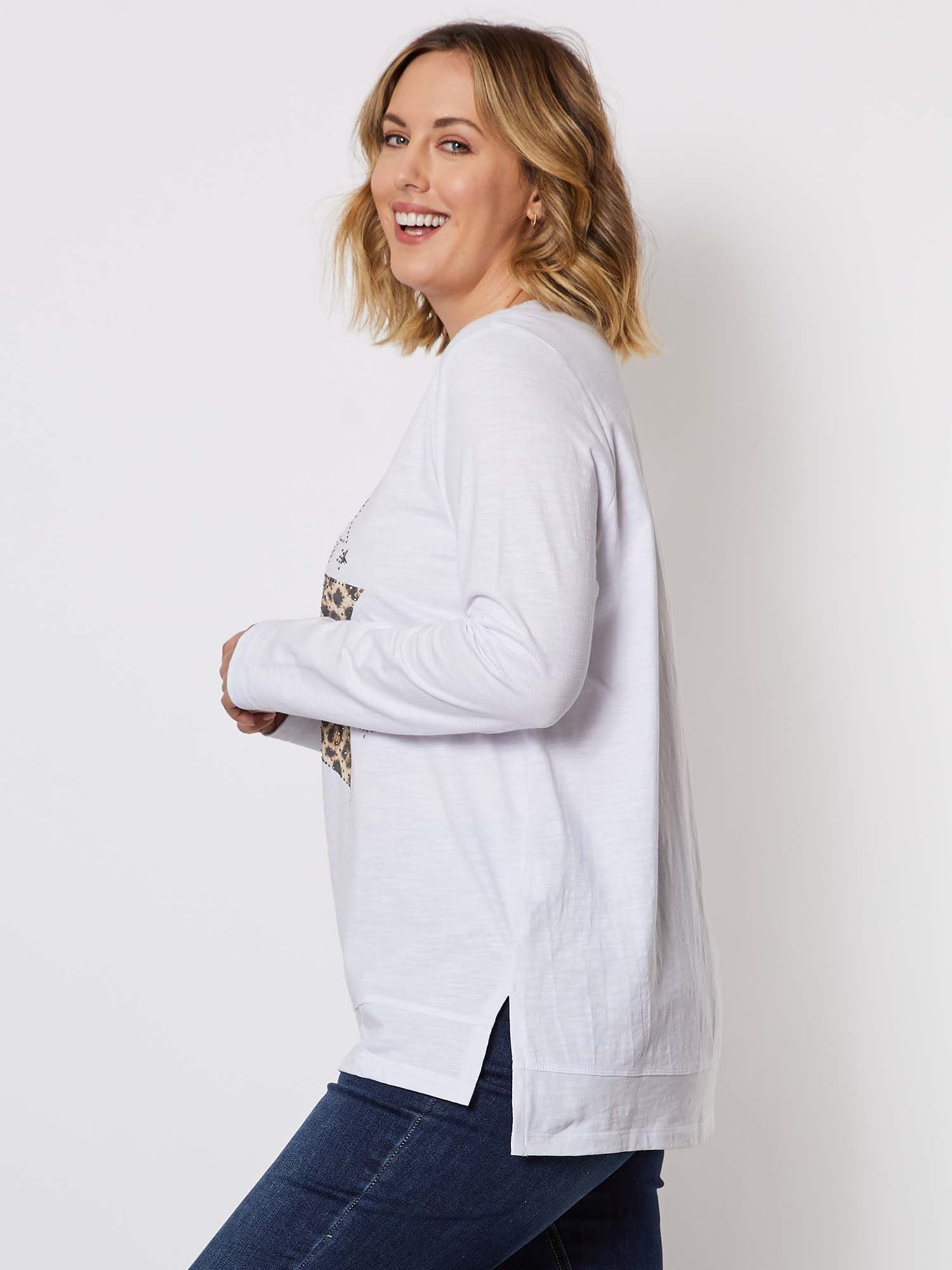 Animal Star Print Long Sleeve Cotton Top - White