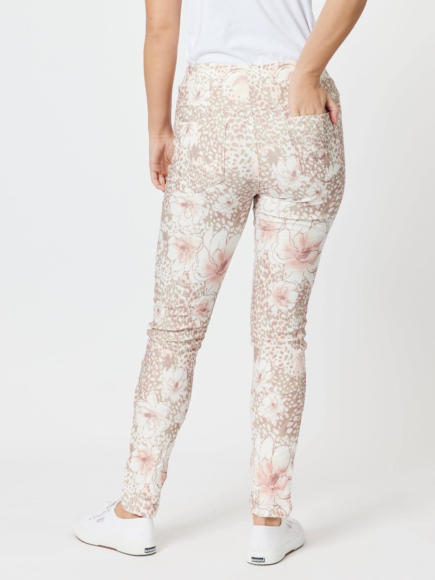 Crushed Flower Print Stretch Jean - Khaki