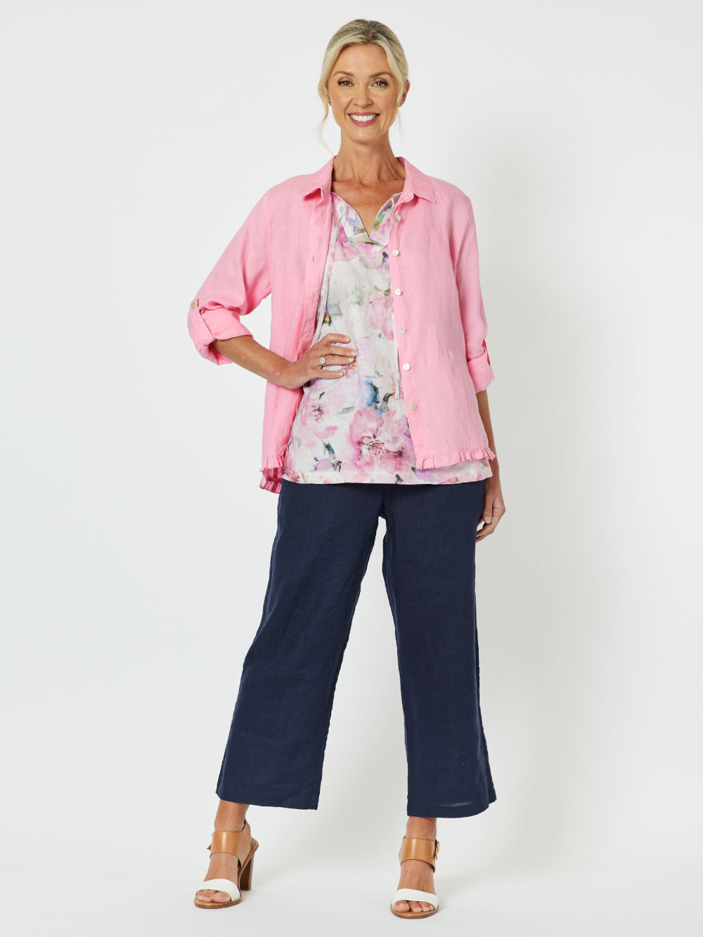 Ruffle Hem Linen Shirt - Candy