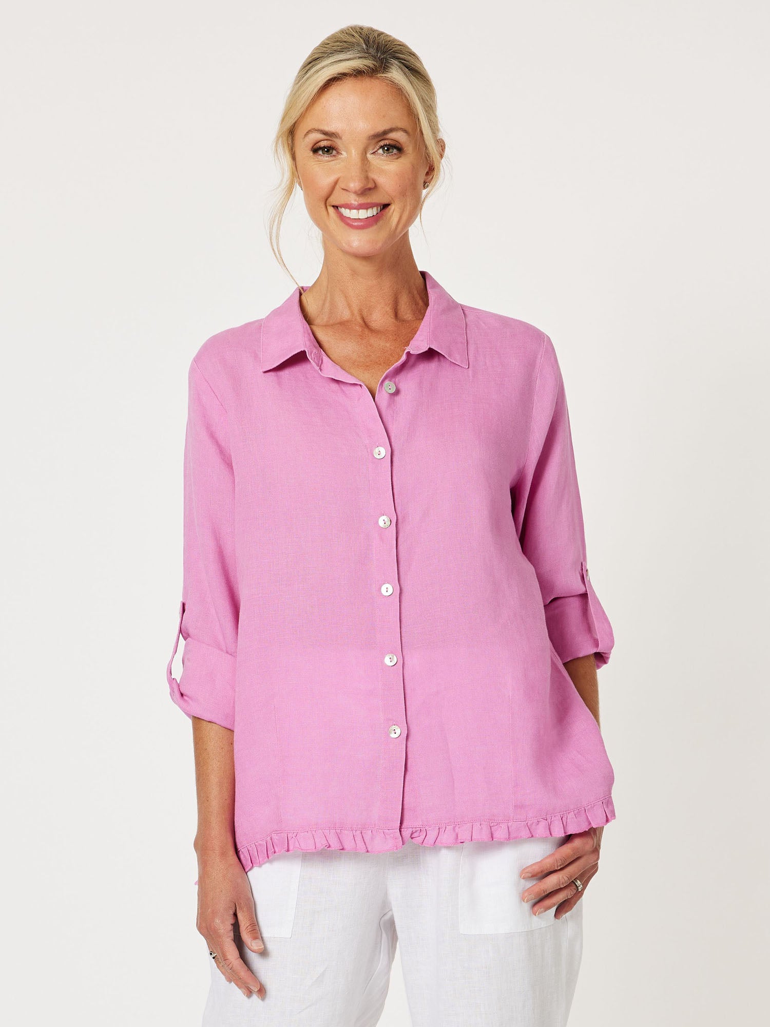 Ruffle Hem Linen Shirt - Orchid