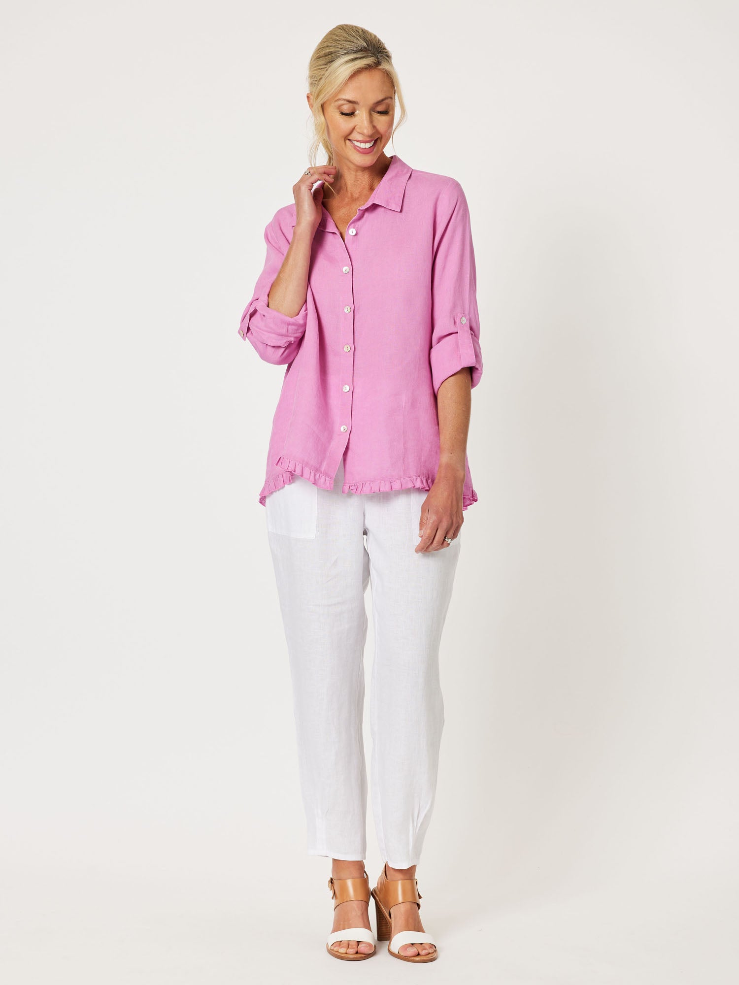 Ruffle Hem Linen Shirt - Orchid