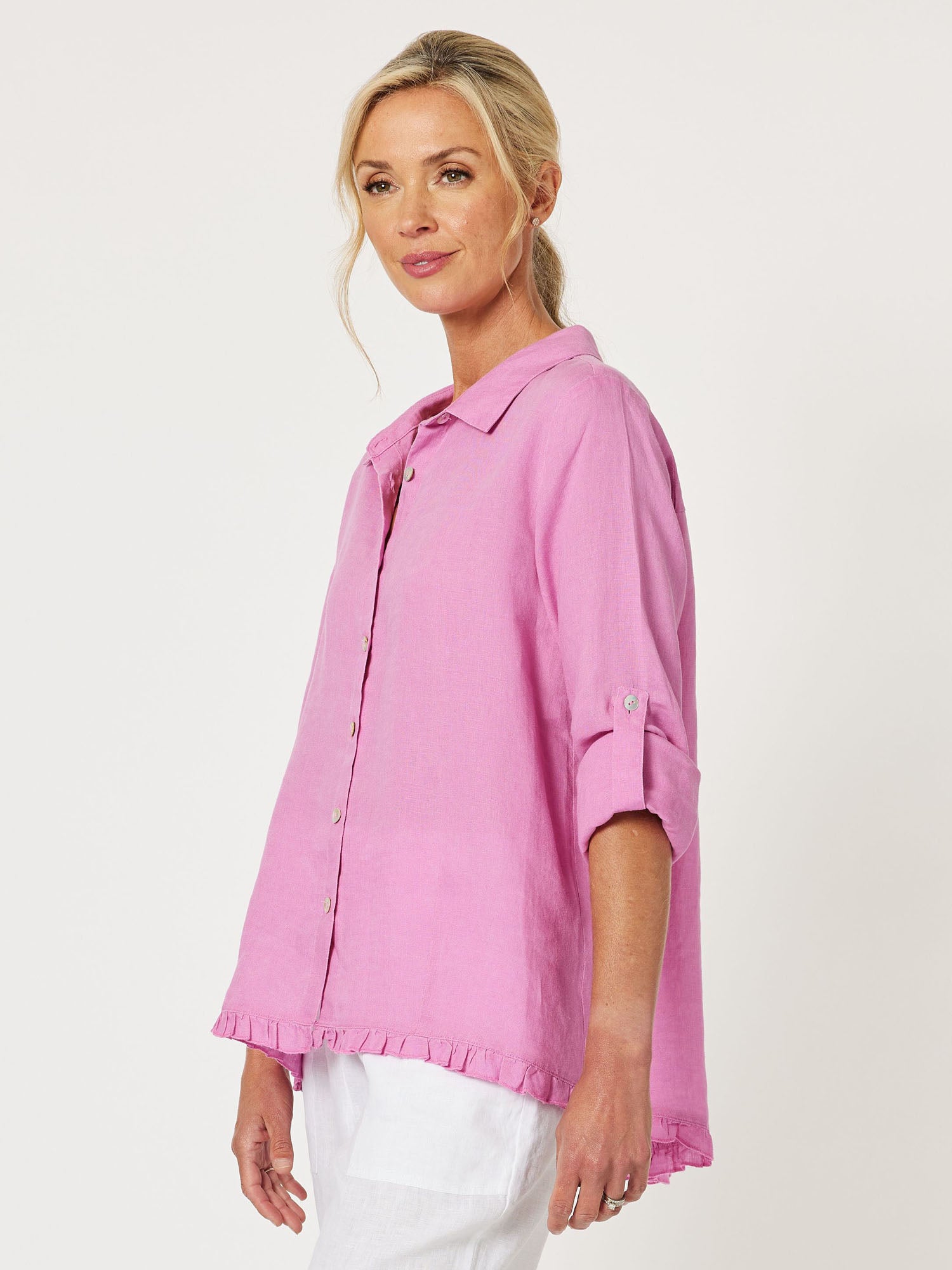 Ruffle Hem Linen Shirt - Orchid
