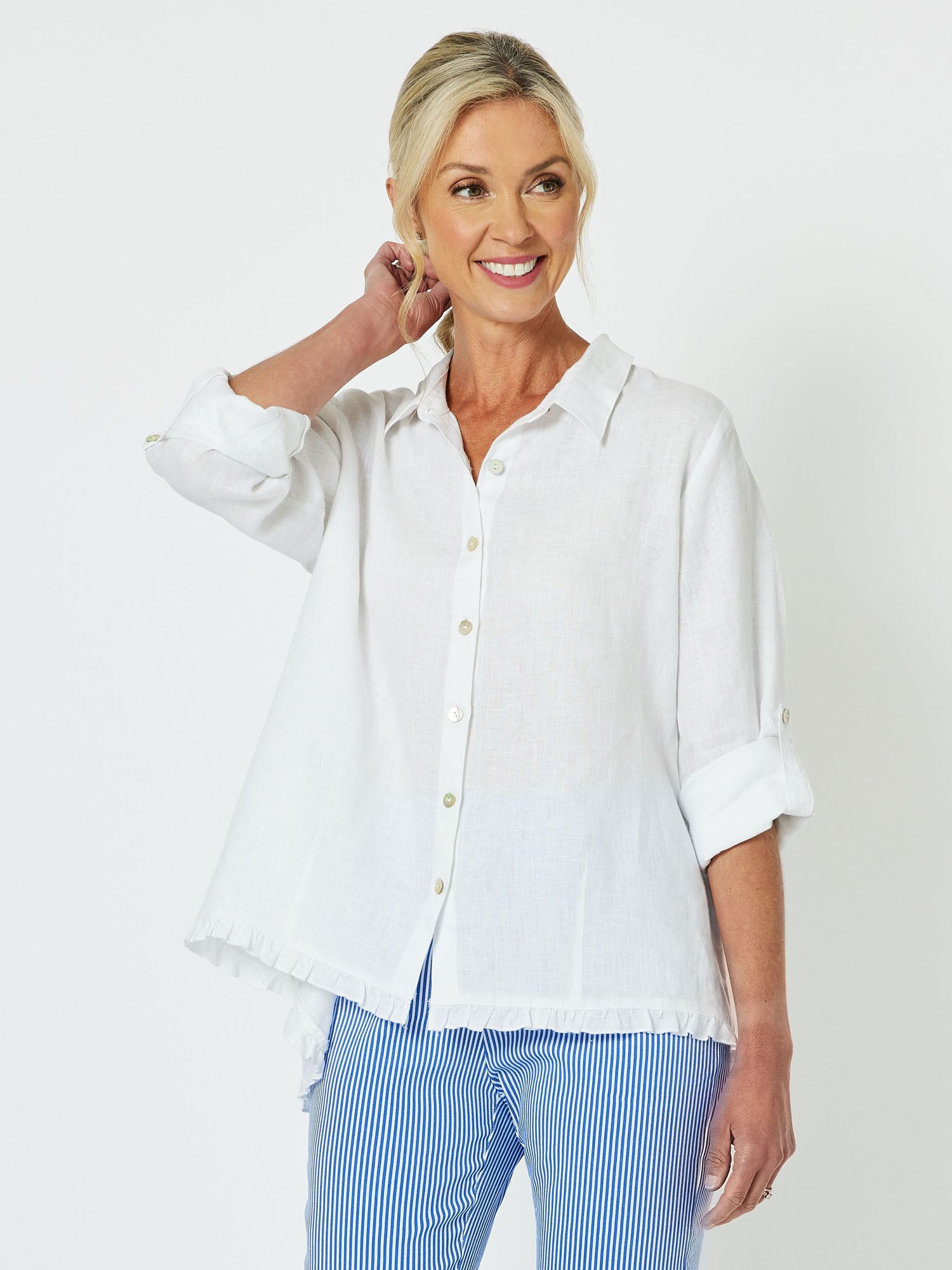 Ruffle Hem Linen Shirt - White