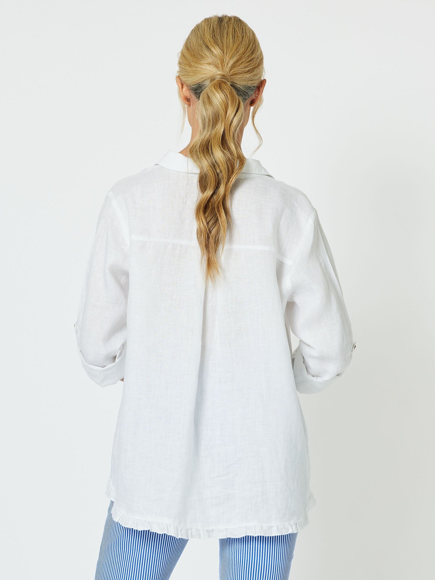 Ruffle Hem Linen Shirt - White