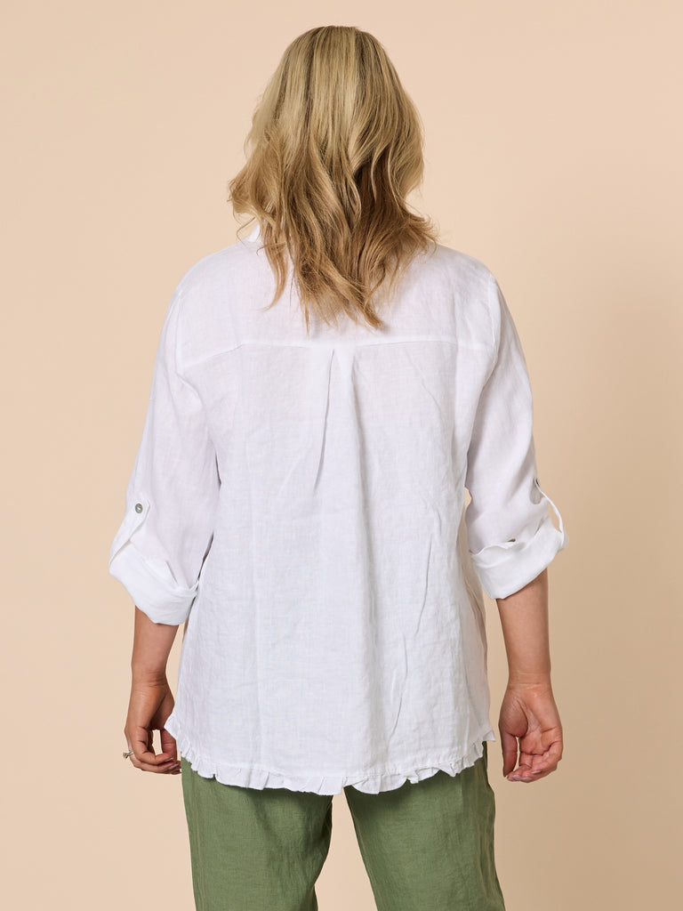 Ruffle Hem Linen Shirt - White - rc&co