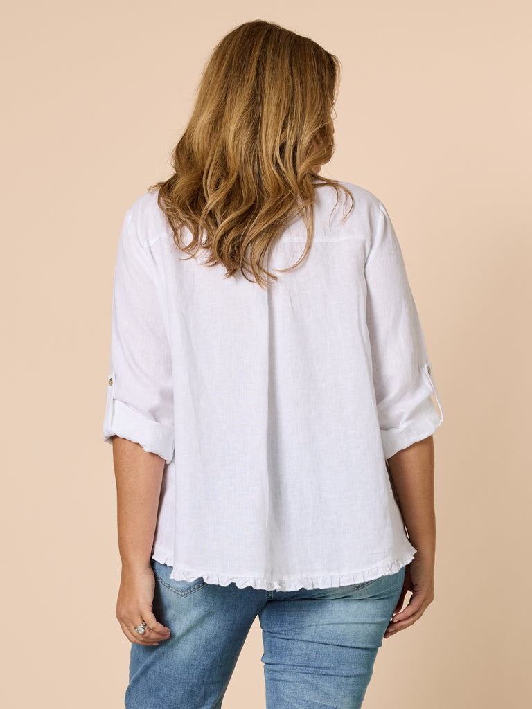 Ruffle Hem Linen Shirt - White - rc&co