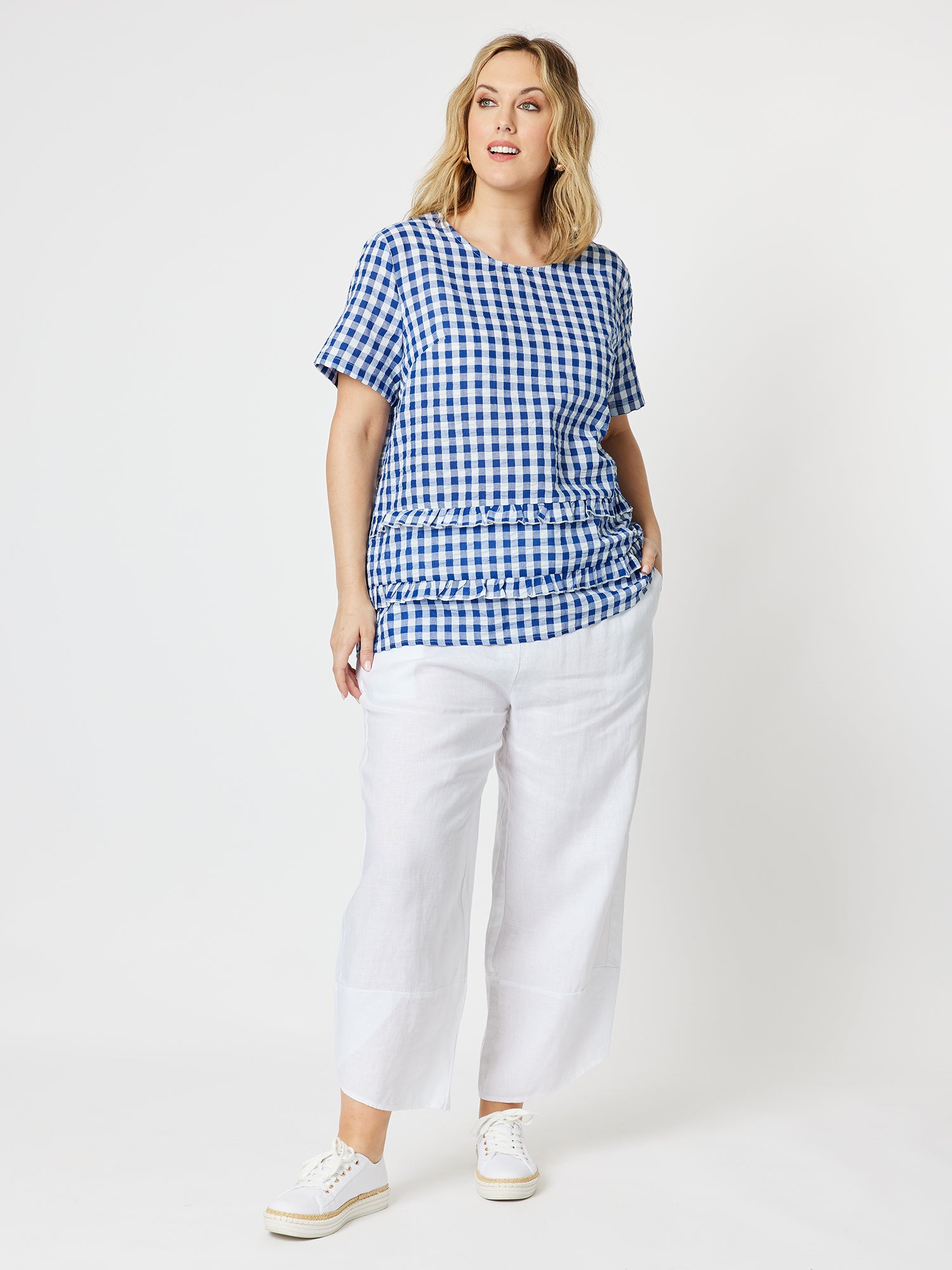 Gingham Check Double Frill Top - Cobalt