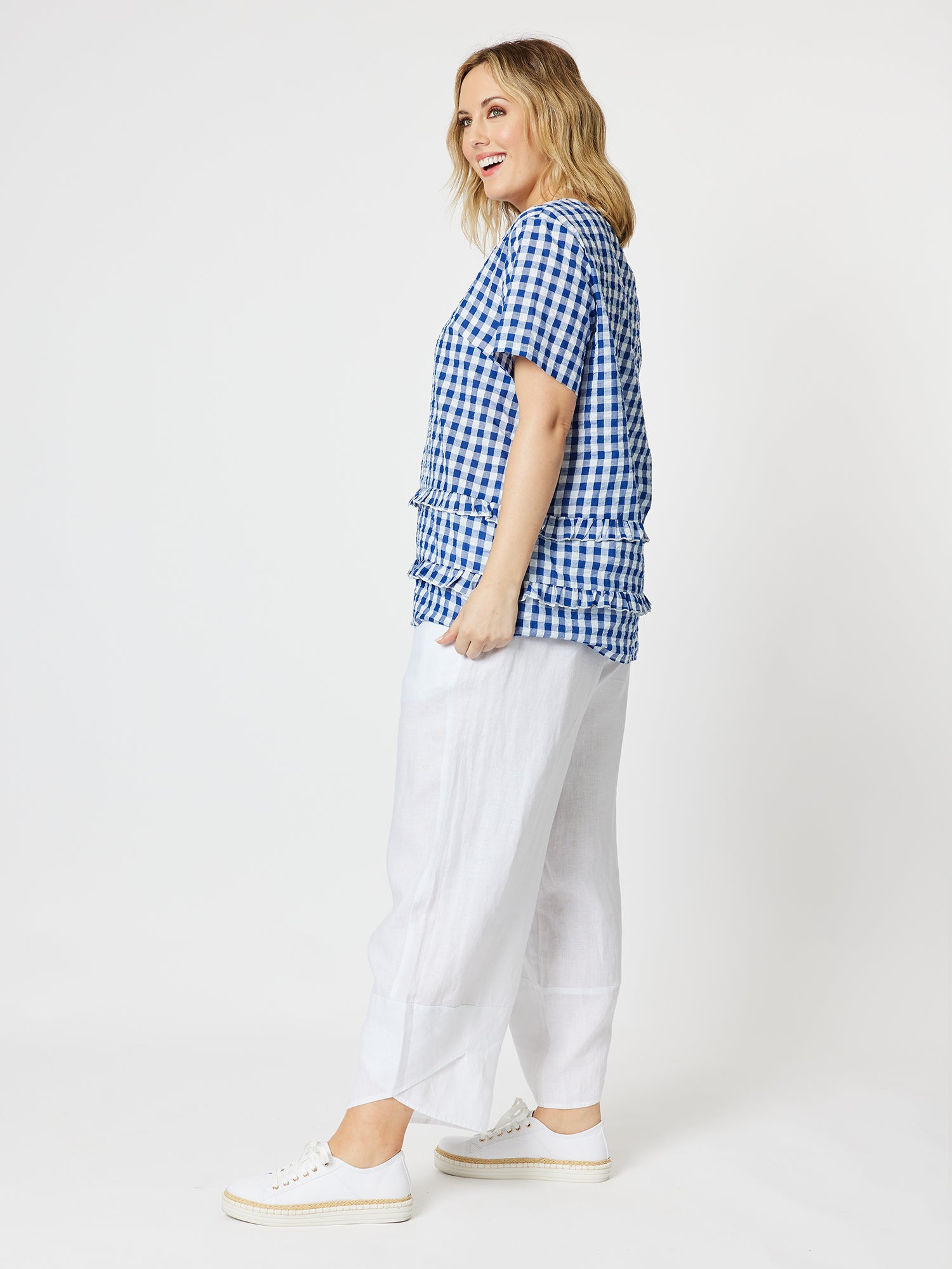 Gingham Check Double Frill Top - Cobalt