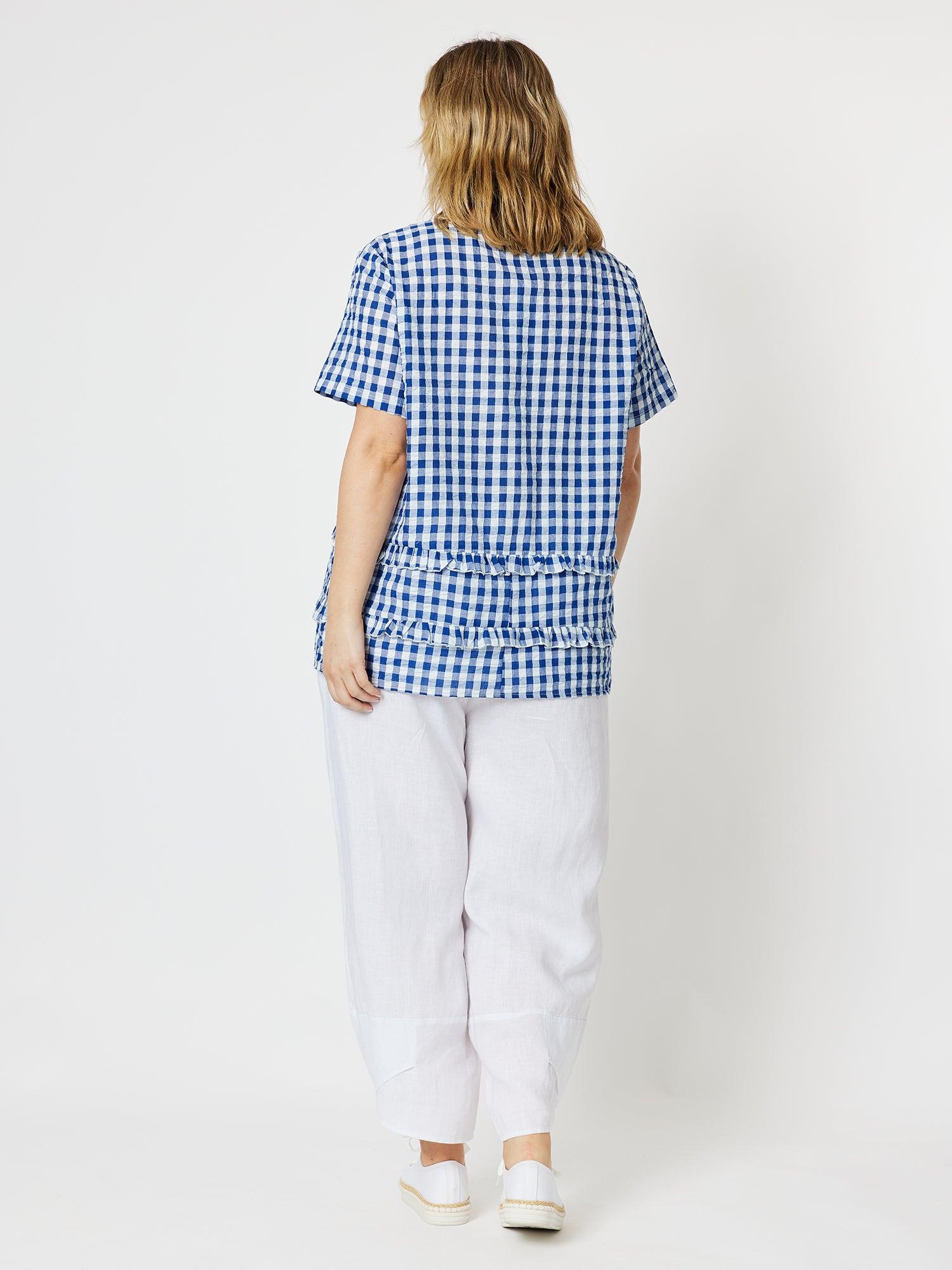 Gingham Check Double Frill Top - Cobalt