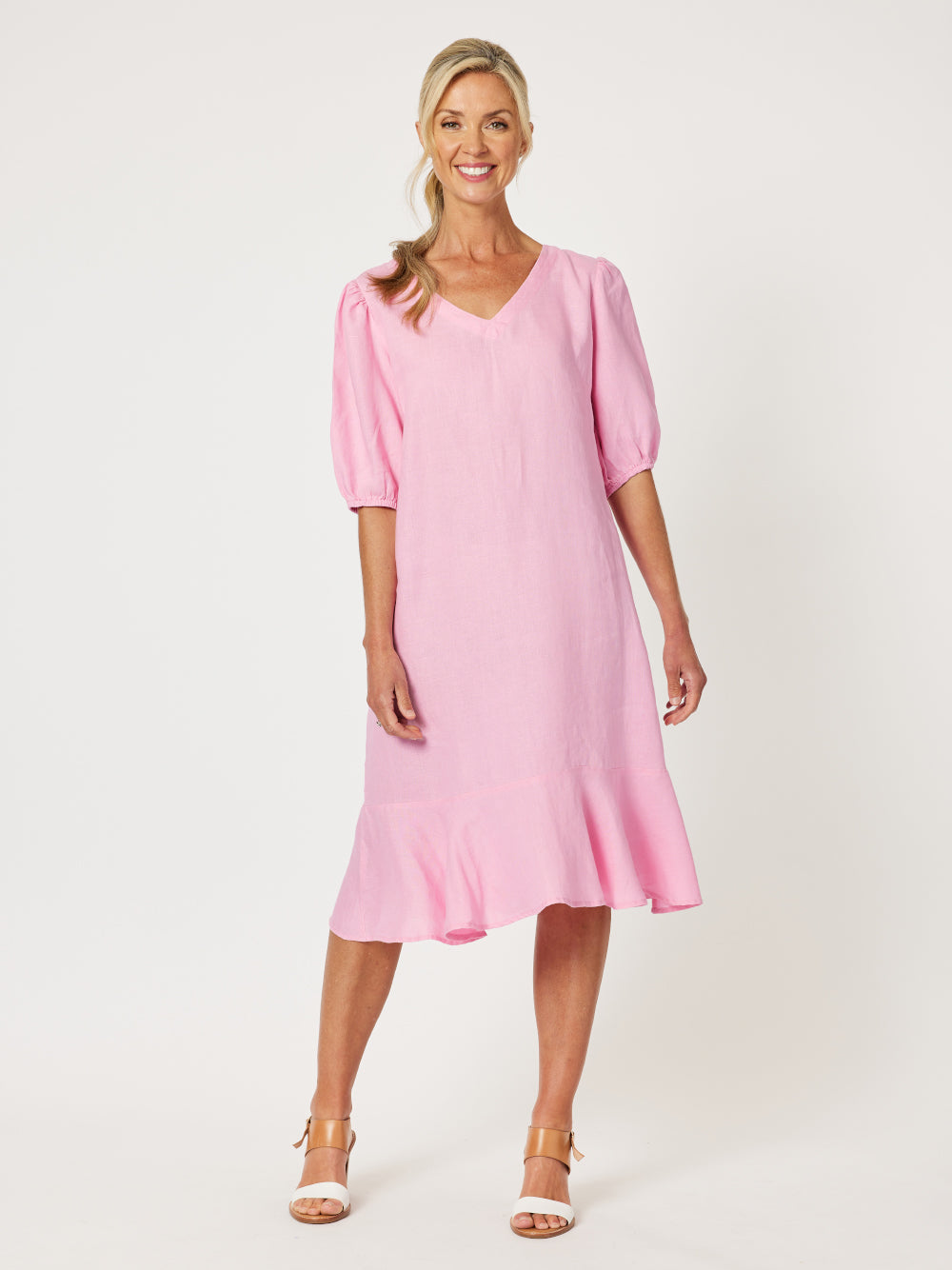 Flute Hem Linen Midi Dress - Candy