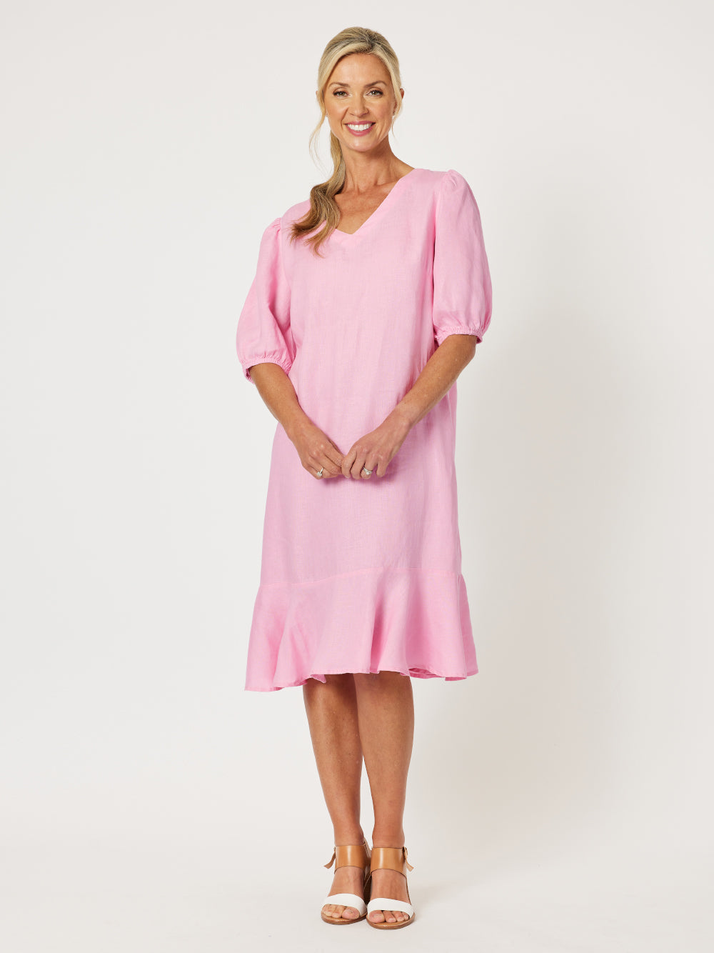 Flute Hem Linen Midi Dress - Candy
