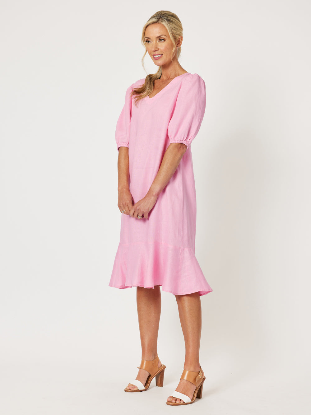 Flute Hem Linen Midi Dress - Candy