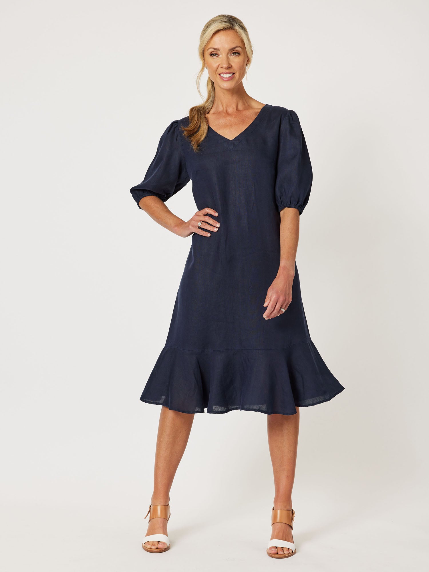 Flute Hem Linen Midi Dress Navy RC Co