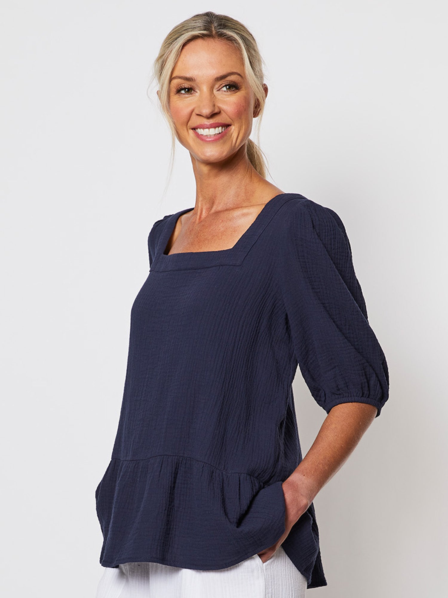 Square Neck Textured Cotton Top - Navy