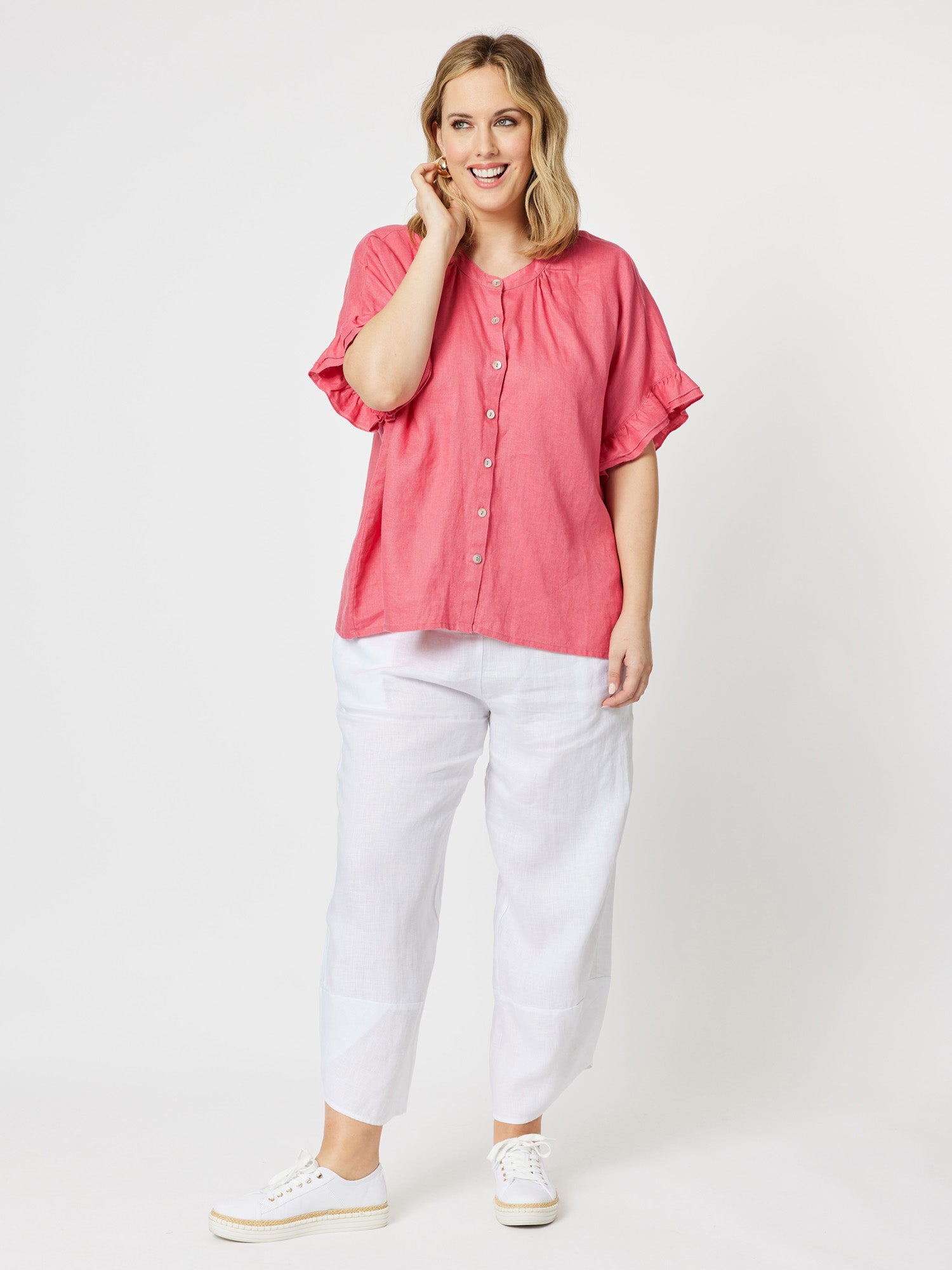 Frilled Sleeve Linen Top - Poppy