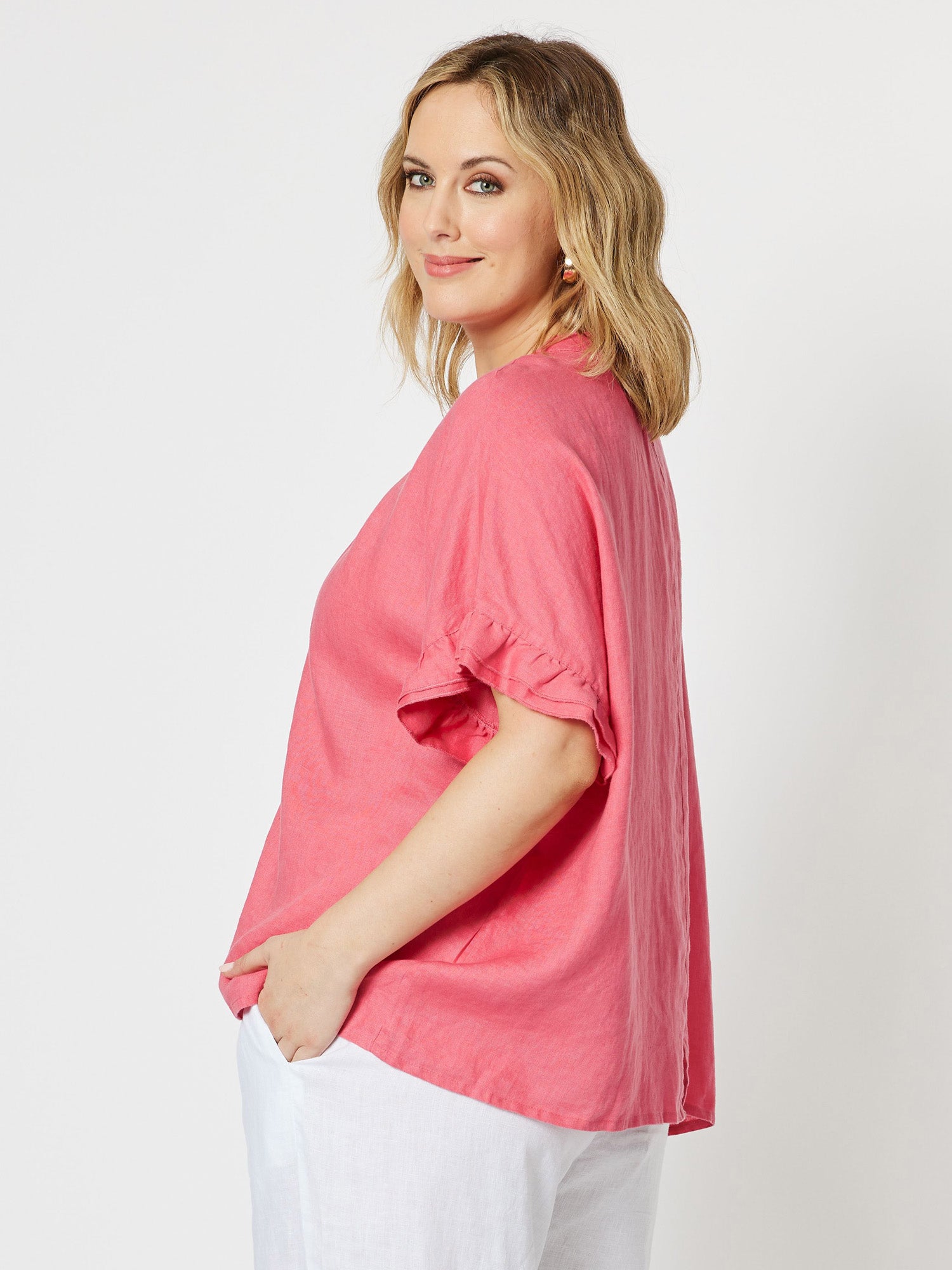 Frilled Sleeve Linen Top - Poppy