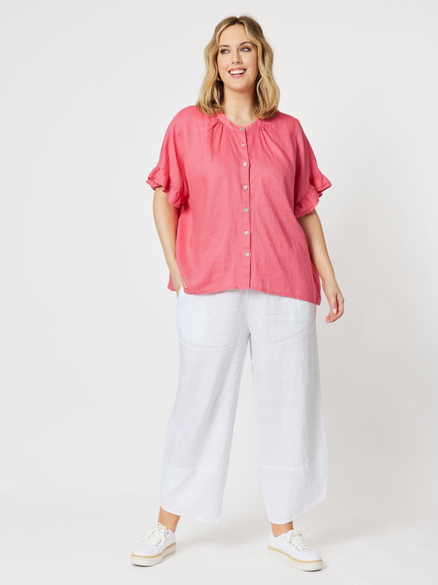 Frilled Sleeve Linen Top - Poppy