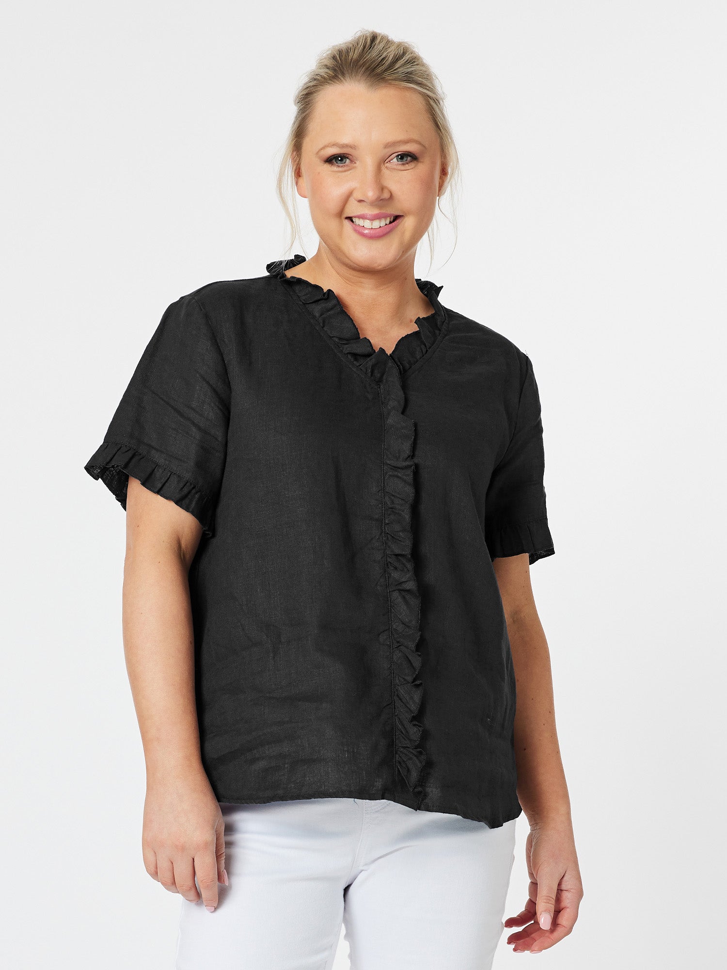 Tiffany Ruffle Linen Shirt - Black