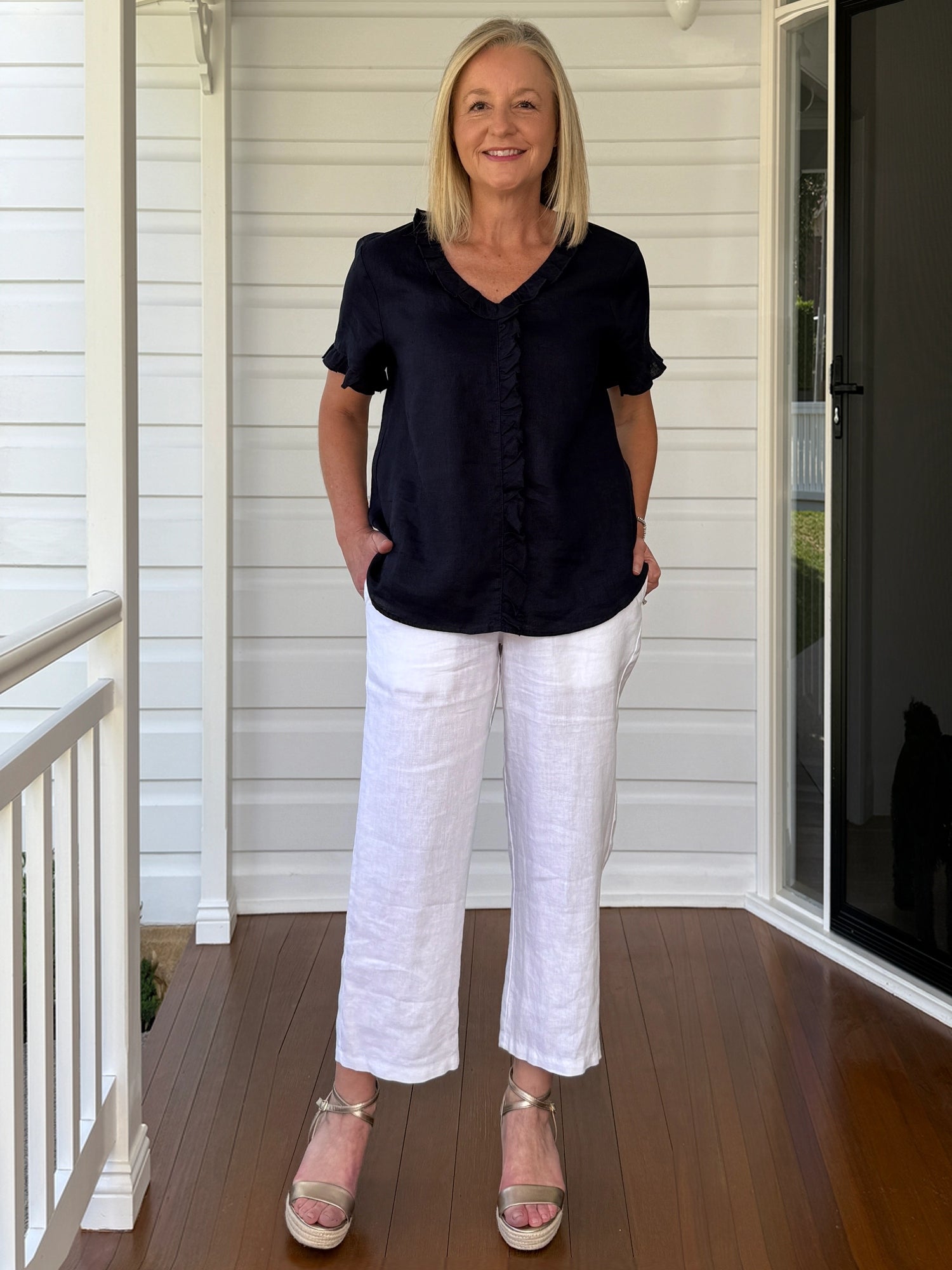 Tiffany Ruffle Linen Top - Navy – RC & Co