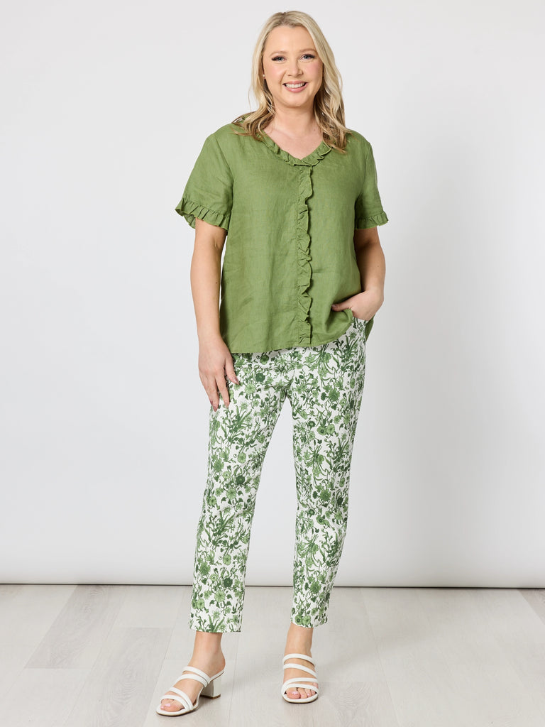 Tiffany Ruffle Linen Top - Basil rc&co
