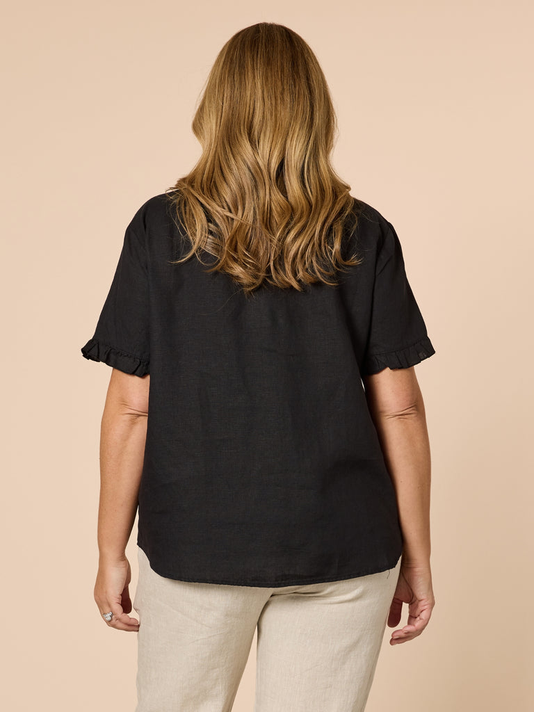 Tiffany Ruffle Linen Top - Black RC&CO