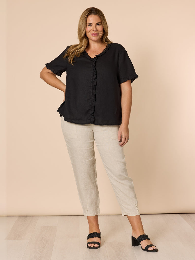 Tiffany Ruffle Linen Top - Black RC&CO