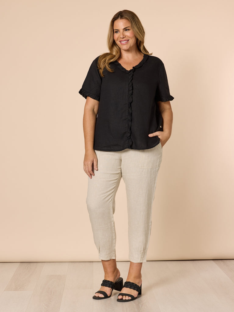 Tiffany Ruffle Linen Top - Black RC&CO