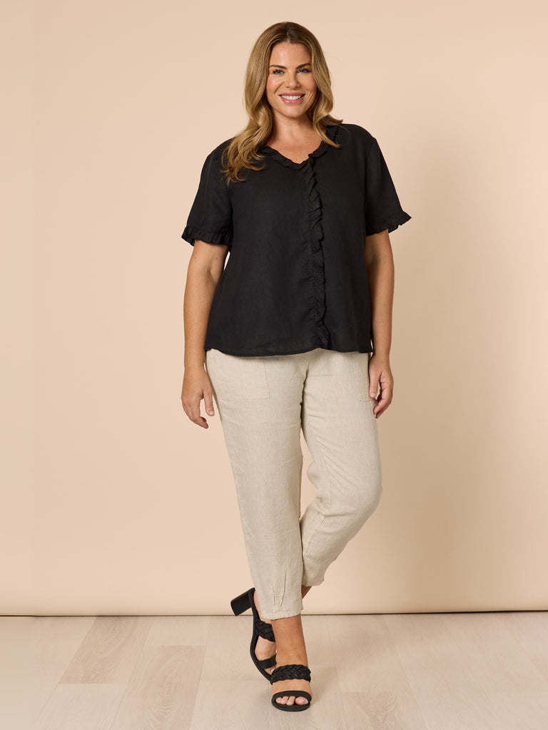 Tiffany Ruffle Linen Top - Black RC&CO