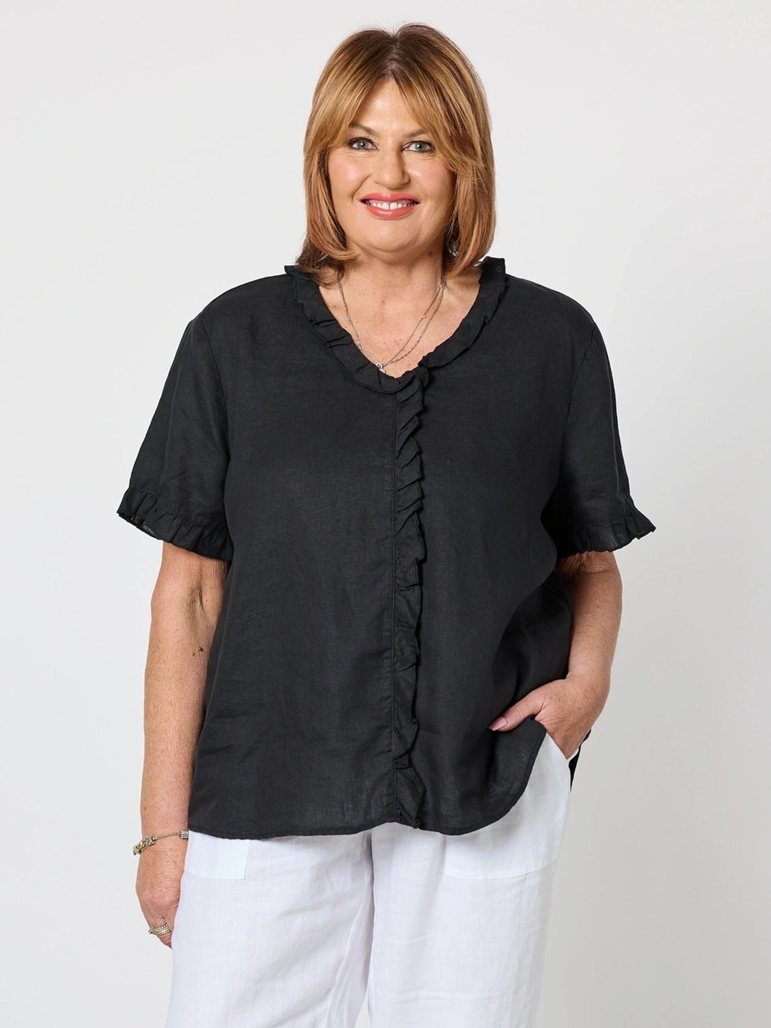 Tiffany Ruffle Linen Top - Black – RC & Co