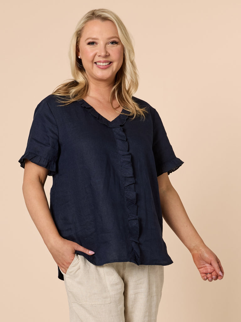 Tiffany Ruffle Linen Top - Navy RC&CO