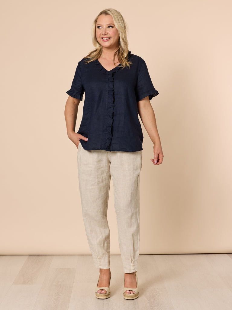 Tiffany Ruffle Linen Top - Navy RC&CO