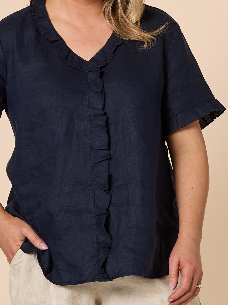 Tiffany Ruffle Linen Top - Navy RC&CO